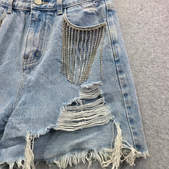Cider Womens High Waisted Rhinestone Fringe Distressed Denim Shorts Light Wash S - Picture 2 of 10